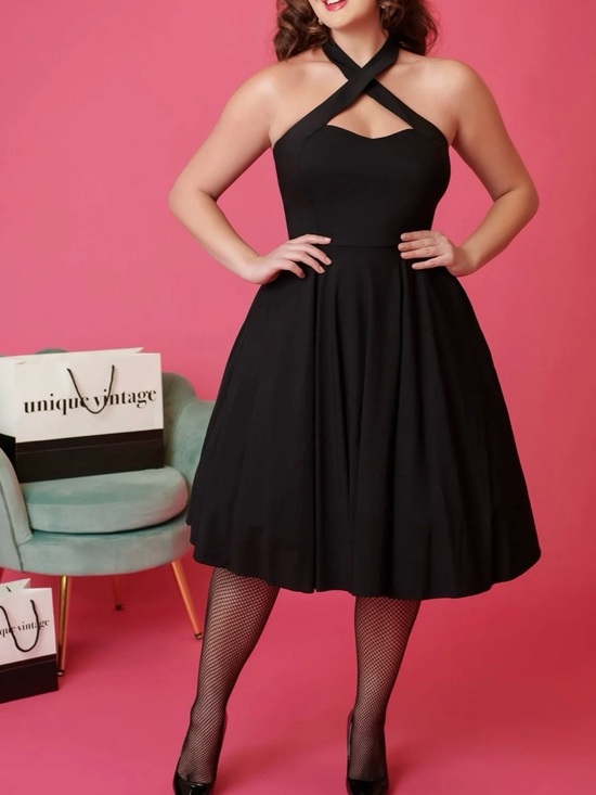 Unique Vintage Dresses & Skirts - Unique Vintage Black Criss Cross Halter Rita Flare Dress Size M